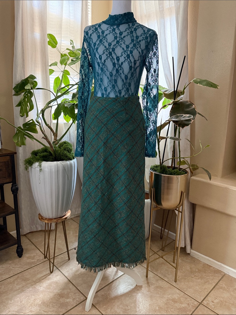 Teal Lace Top with Plaid Maxi Skirt